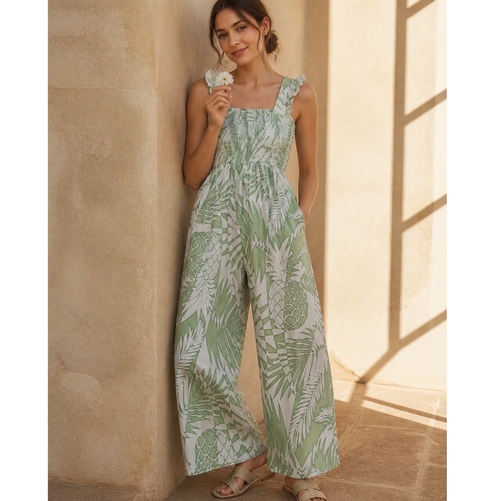 Inspired Hearts Green Tropical Pineapple Smocked Wide Leg Jumpsuit Large NWOT